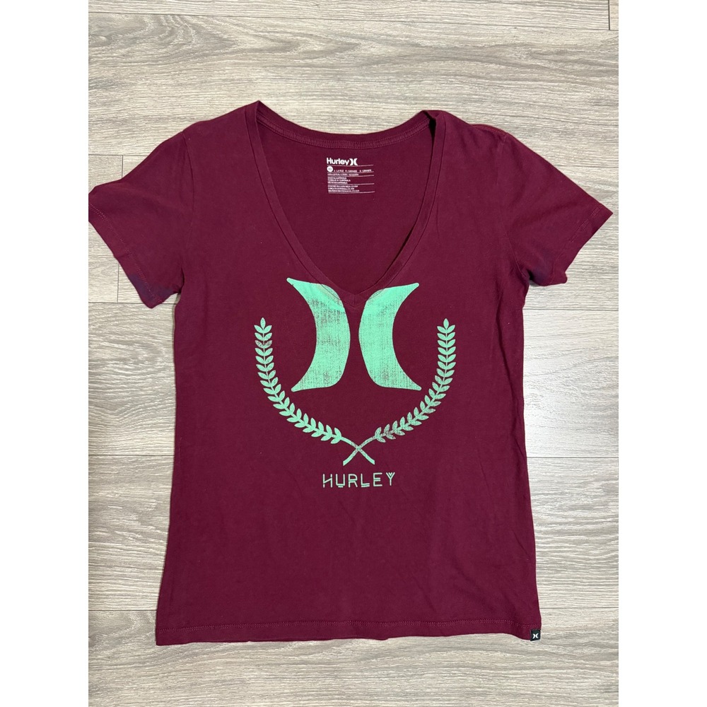 Hurley Womens XL Burgundy Graphic Logo V-Neck Cotton‎ Short Sleeve T-Shirt